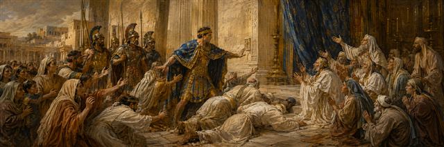 Ptolemy approaches the sanctuary as priests, elders, families, and royal officers unite in prayer